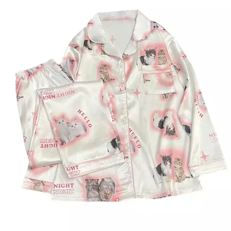 Kawaii młodzieżowa dziewczęca satynowa odzież domowa do noszenia jako długie lub krótkie moda piżama uroczy nadruk kota letnia nowa, cienka piżama dla kobiet jedwabny zestaw do domu
