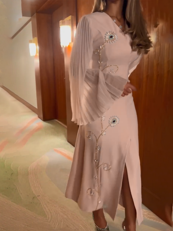 Женское элегантное плиссированное платье Jirocum с V-образным вырезом и цветочным рисунком, платье для выпускного вечера с расклешенным рукавом и разрезом спереди, вечерние платья