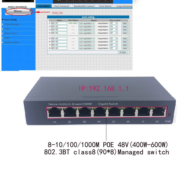 8-porto 10/100/1000m poe 48v (400w-600w) 802.3bt class8 (90w.8) switch gerenciado