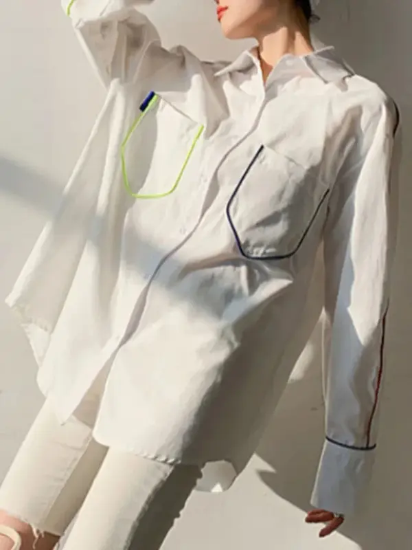 Camisa de gola solta de manga comprida feminina, top colorido contrastante, design de moda coreano, versátil, primavera