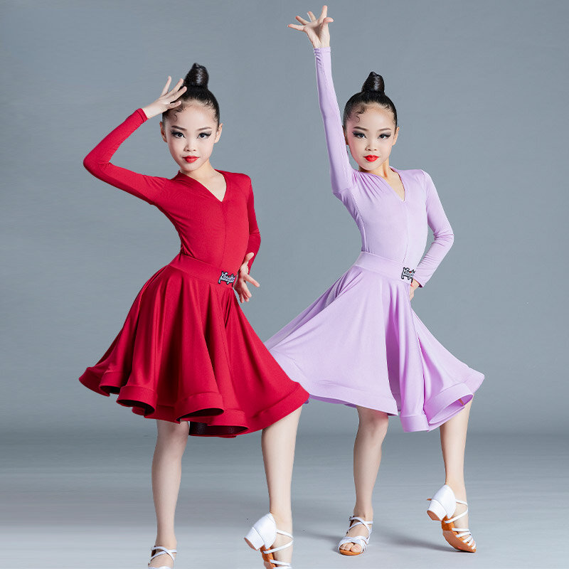 Nuovo vestito da ballo latino per bambini vestito da pratica di danza per ragazze spettacolo di danza latina manica lunga concorso vestito diviso da donna