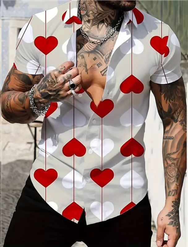 Camisas masculinas engraçadas de manga curta com estampa gráfica, de abanar, camisas de tecido elástico para amantes, Dia dos Namorados, 2024
