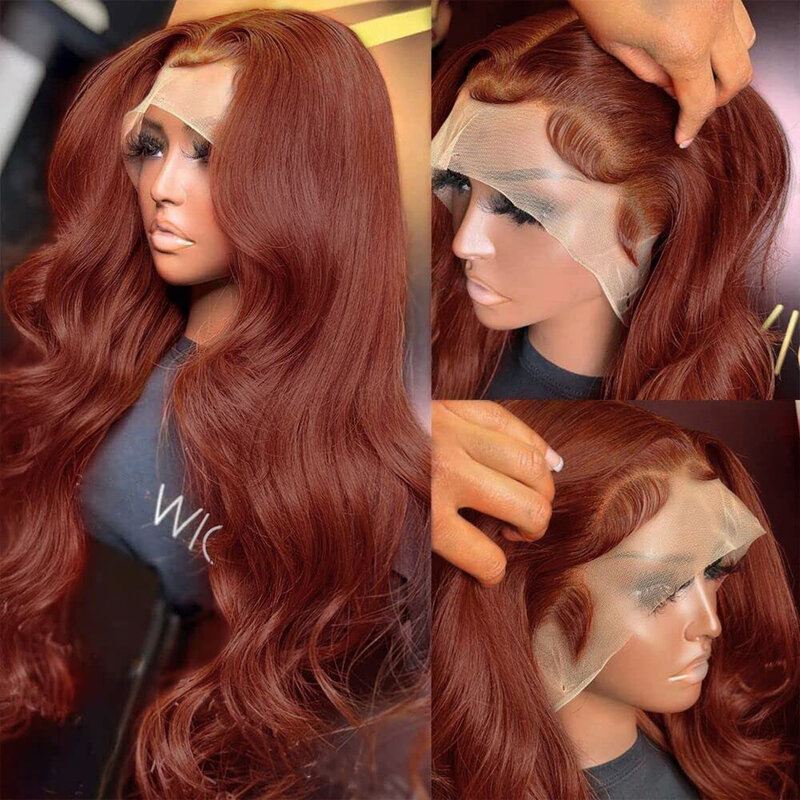 Peluca de cabello humano con encaje Frontal, pelo ondulado y mojado, color marrón rojizo, 13x6, HD, 13x4