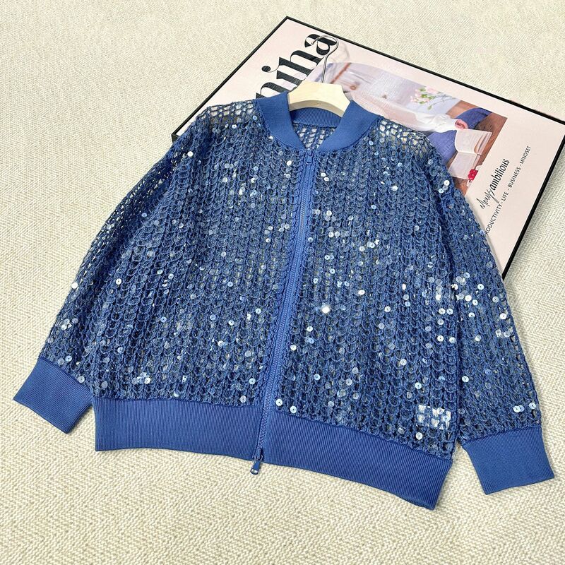 Women's Sparkling Fish Scale Sequin Jacket Brilliant Embroidered Bomber Knit Double Zip Jacket Heavy Industry Luxury Female