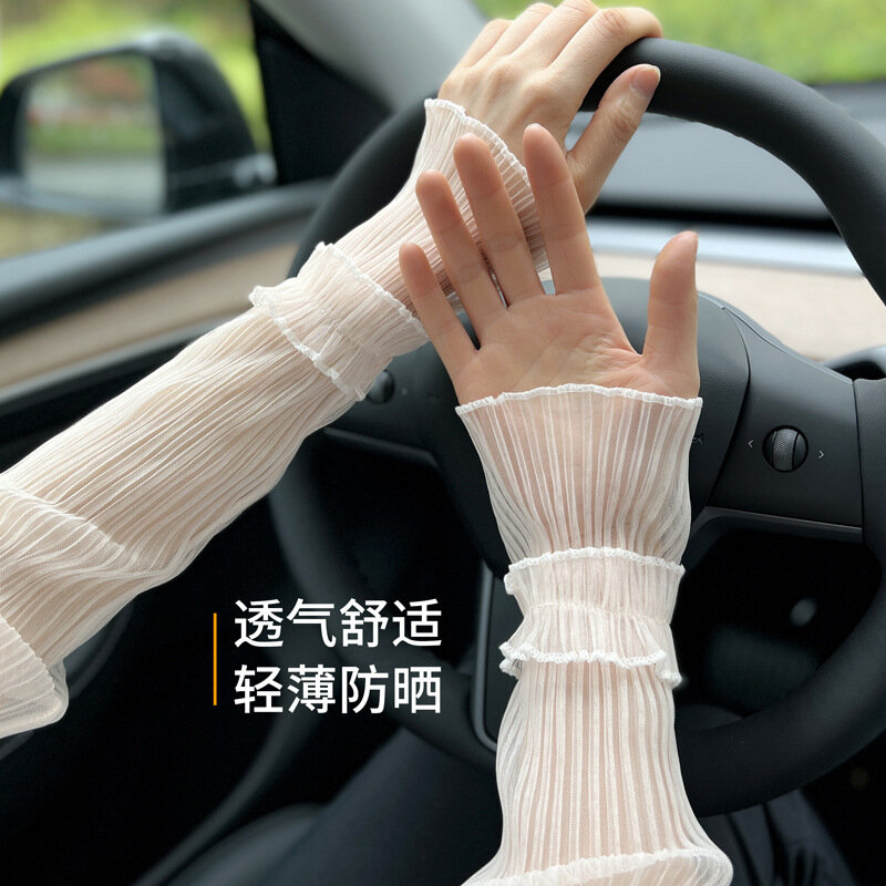 Women Summer Sunscreen Arm Sleeves Lace Mesh Sunscreen Thin Ice Silk Sleeves for Shopping Camping Walking