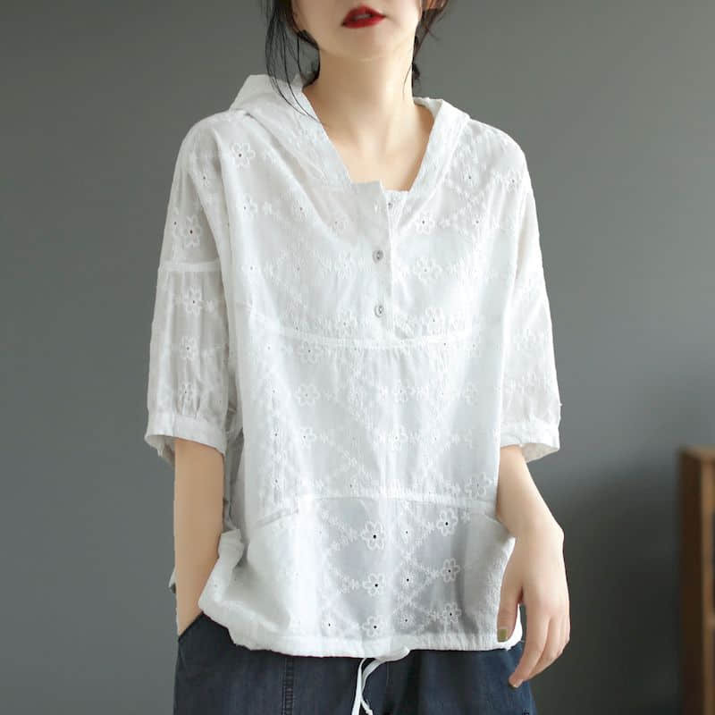 Kemeja 95% katun untuk wanita Vintage lengan setengah kaus bertudung atasan blus Retro mode Korea kasual longgar bordir