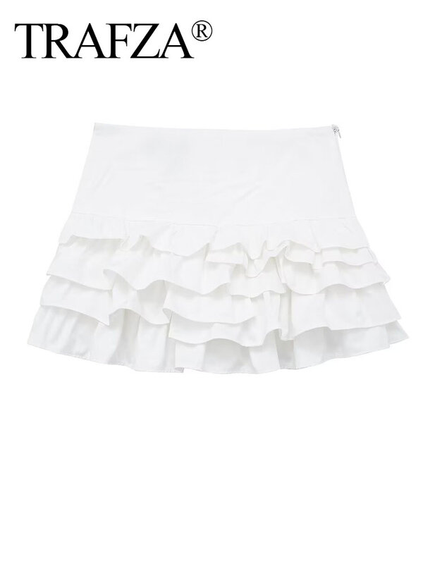 TRAFZA-minifalda de cintura alta con volantes para mujer, falda elegante con pliegues y cremallera, color blanco, Estilo Vintage, Y2K, 2024