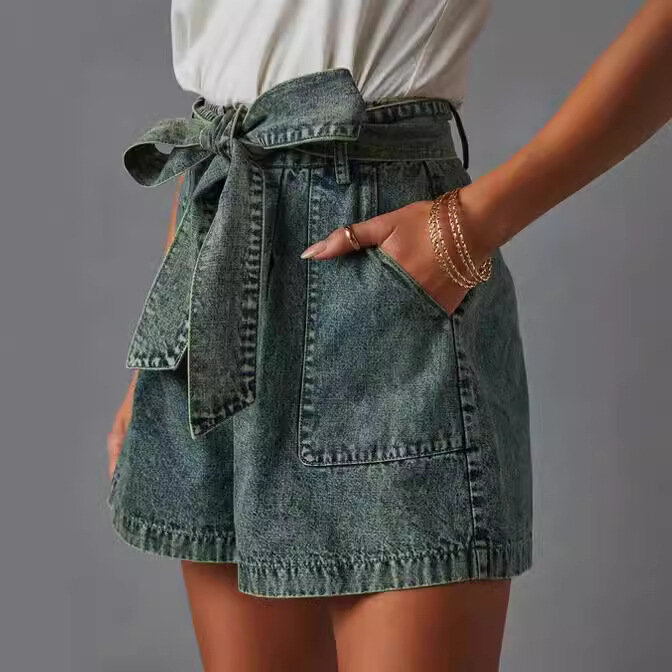 Women's Elastic High Waist Straight Buckle Drawstring Jeans Shorts Women's Summer Personalized Street Loose Lace Wide Leg Shorts