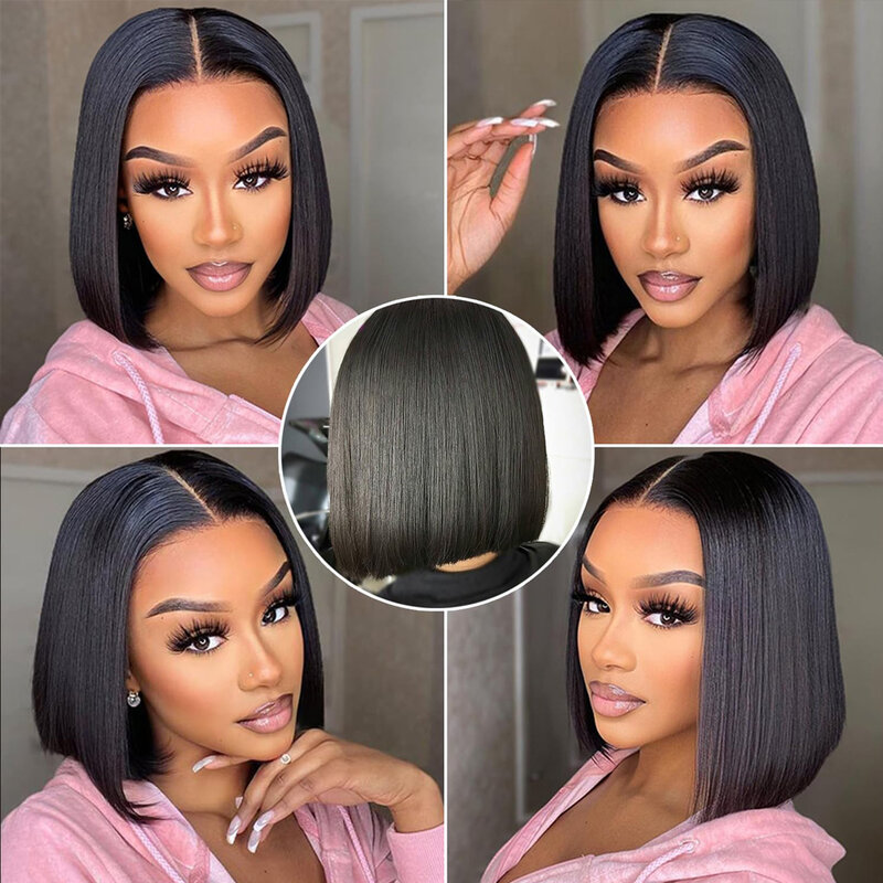 Millionaire Queen Natural Black Bob Hair Wig Density 180 Human Hair Ready To Wear Straight Transprent 13x4 Lace Frontal Wigs