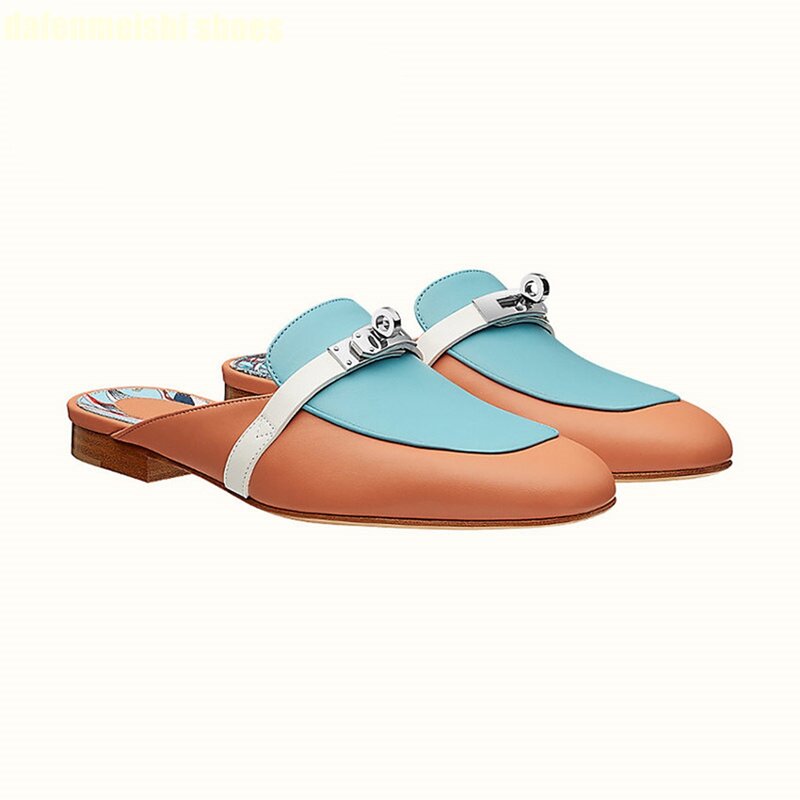 Cowhide Round Toe Metal Buckle Women Shoes 2024 Spring Summer New Style Slippers Slip On Casual Sandals Solid Color Large Size