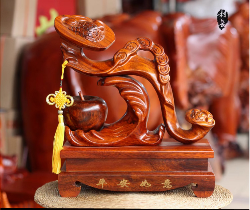 Ruyi-Decoración de tallado de madera, Fulu Shou, melocotón, sala de estar, hogar, artesanías de madera maciza, regalos