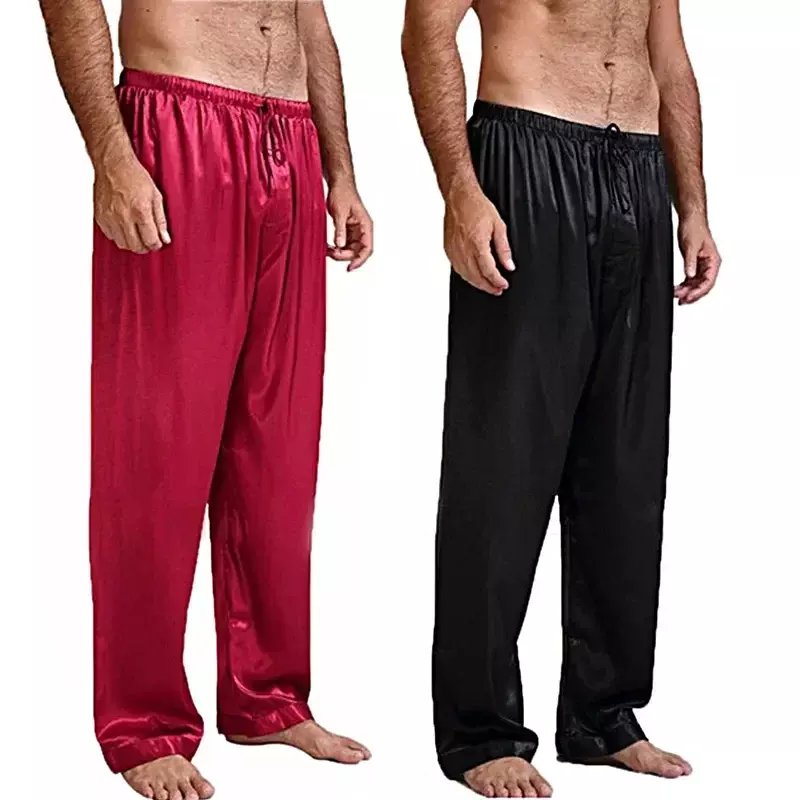 ชุดนอนผ้าไหมใส่อยู่บ้านสำหรับผู้ชายกางเกงชุดนอนหลวมผ้าซาตินยาวผ้าซาติน