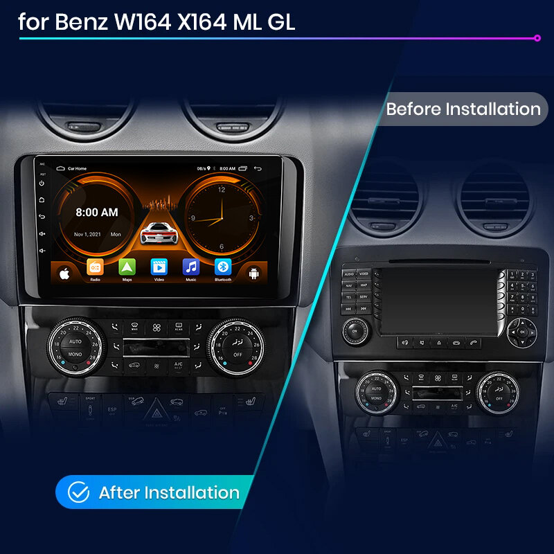 JIUYIN Radio mobil nirkabel Android Auto, Radio mobil nirkabel untuk Mercedes Benz m-class W164 GL X164 ML GL 2005-2012 DVD 2din