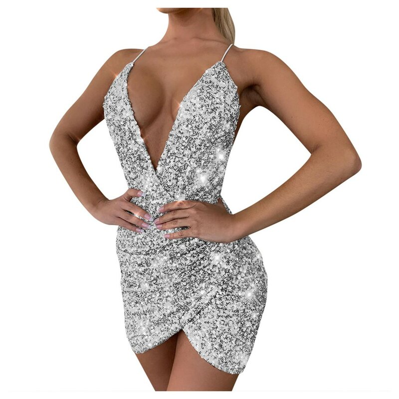 Женское коктейльное платье на бретелях-спагетти, однотонное блестящее мини-платье без рукавов с глубоким V-образным вырезом и блестками, Клубная одежда, 2024