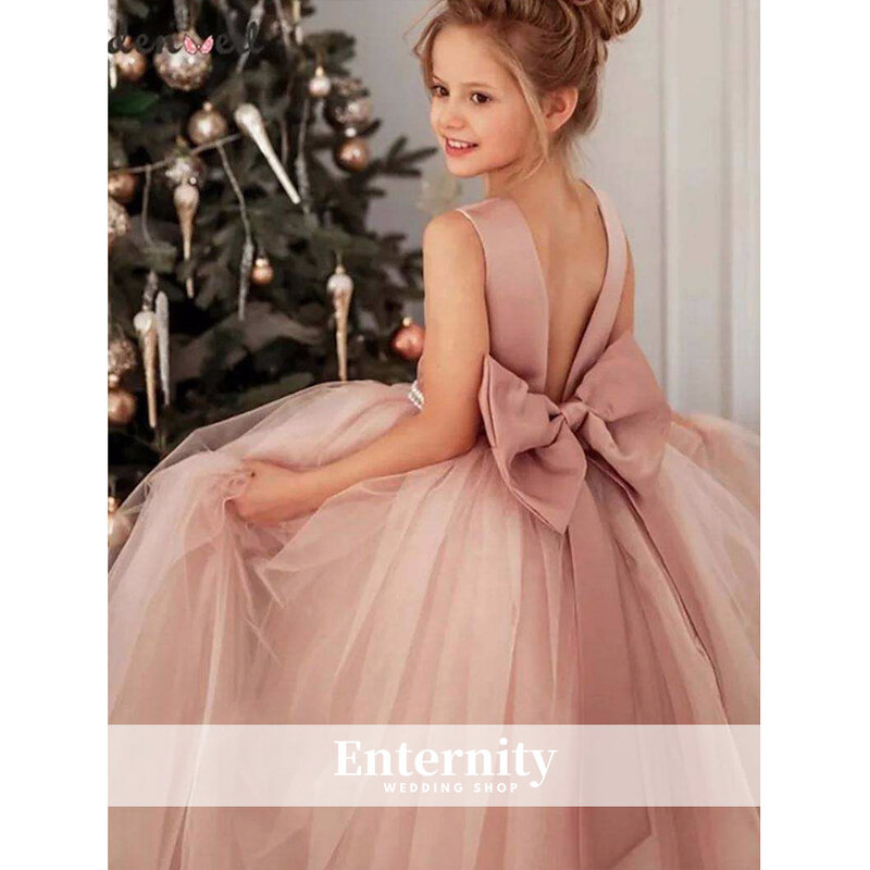 Princesse Enfant a-line kokardka z okrągłym dekoltem dziewczęca sukienka w kwiaty rękawem w kształcie zbiornika suknia balowa bez pleców do podłogi piękne Vestidos Para Niñas