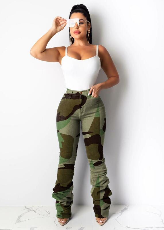 جينز دنيم عالي الخصر للنساء ، طباعة مموهة ، سروال رصاص ، نمط غير رسمي ، تصميم بطيات ، DY280