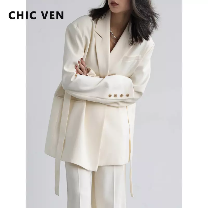 CHIC VEN Blazer da donna Design ampio nastro a spalla solido cappotto medio lungo da donna Plus Size Office Lady donna primavera autunno 2022