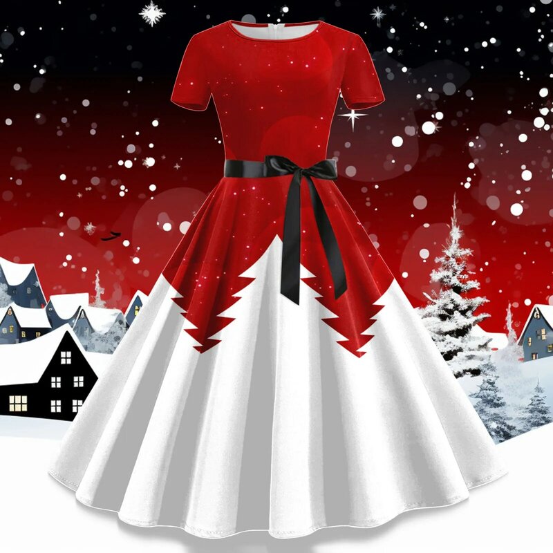 Vestido de manga curta estampado de Natal feminino, vestido maxi casual, década de 1950, dona de casa, festa noturna, baile, verão