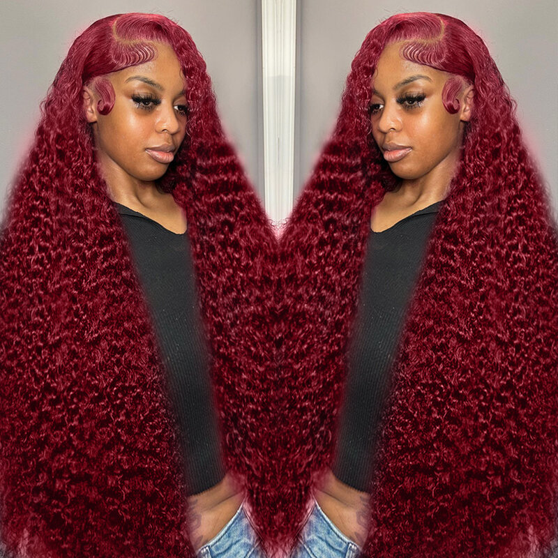 Peluca de cabello humano rizado con encaje Frontal, postizo de encaje Frontal de 13x4, 13x6, HD, 30 y 34 pulgadas, color rojo borgoña