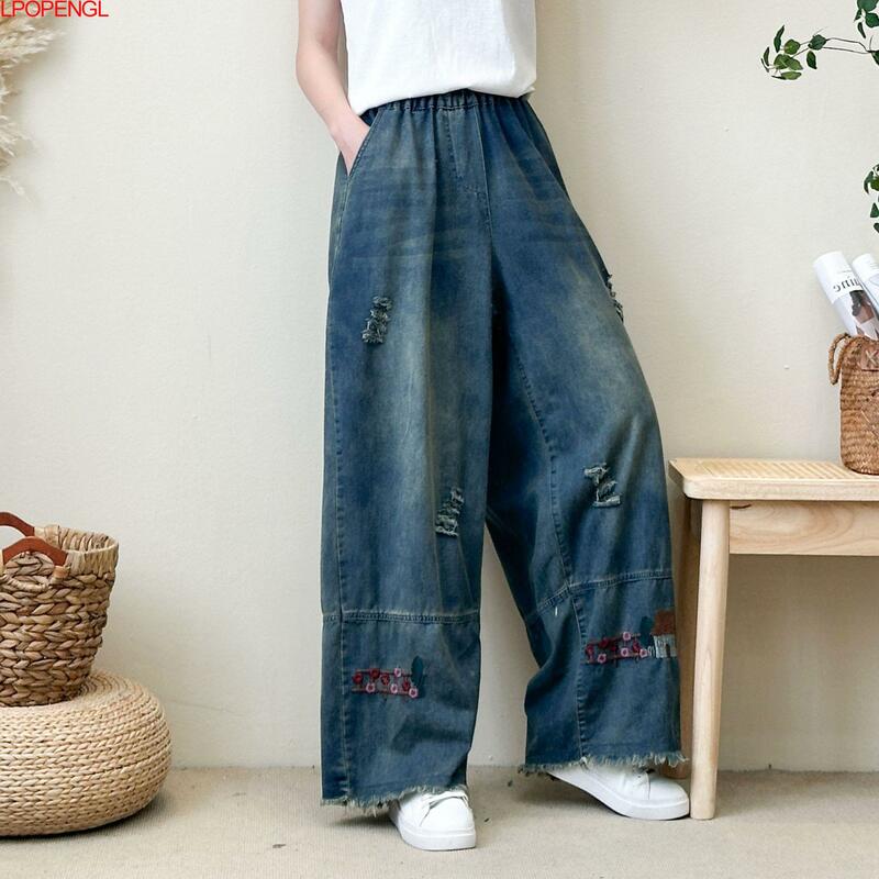 Ethnic Style Spring 2024 Vintage Ripped Embroidered Elastic Waist Jeans Woman Washed Loose Straight Streetwear Wide-leg Pants