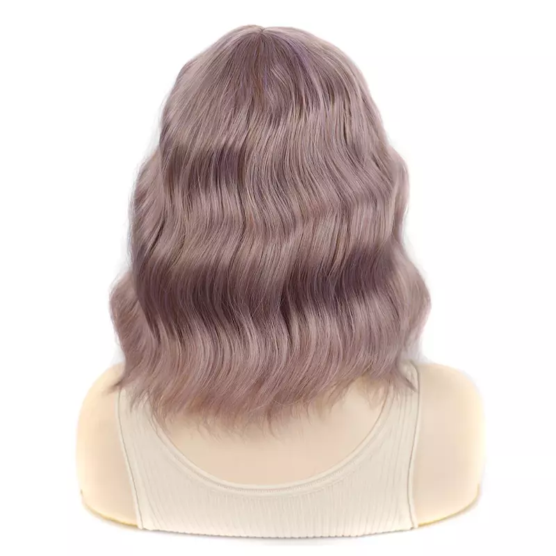 Wig rambut pendek bergelombang dengan poni untuk wanita Wig Bob keriting sintetis hitam merah muda coklat warna Wig untuk pesta sehari-hari