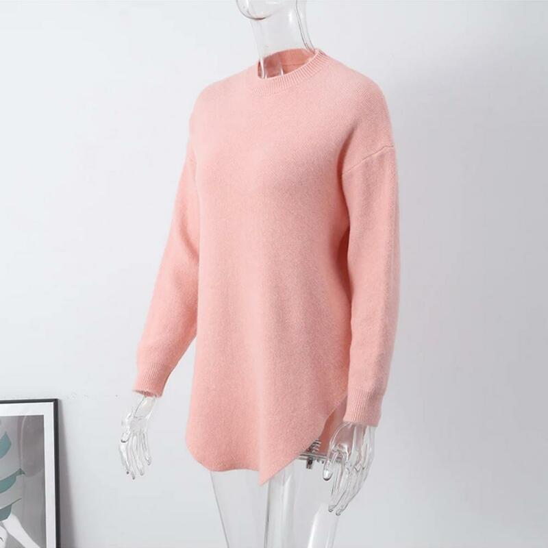Толстый женский топ, уютный Однотонный свитер средней длины для женщин, Свободный пуловер с круглым вырезом и асимметричным подолом, плотный Женский пуловер