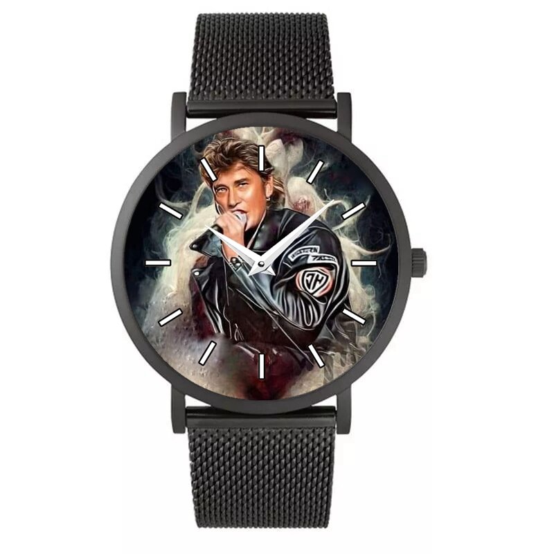 Nowy zegarek Johnny Hallyday metalowy pasek siatka ze stali nierdzewnej prezent dla fanów