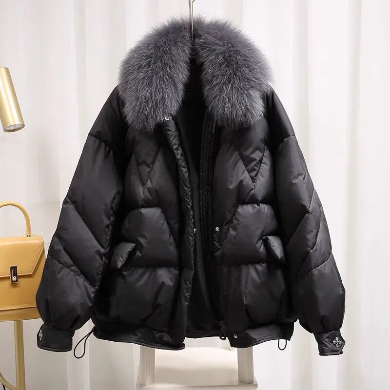 2023 Winter New Vintage Women's Big Fur Collar Down Padded Coat Parkas Korean Loose Fashion Warm Cotton-Padded Jacket Outwear