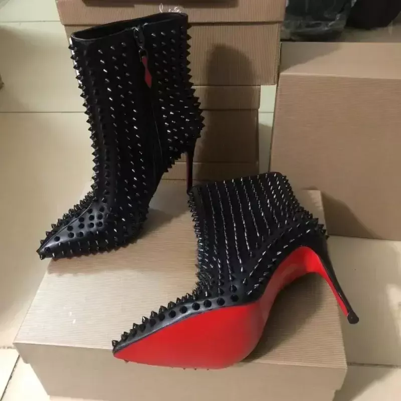 Botas sexy de cristal vermelho único para mulheres, sapatos de dedo apontado, botas modernas de festa, moda rebite, luxo, qualidade superior, outono
