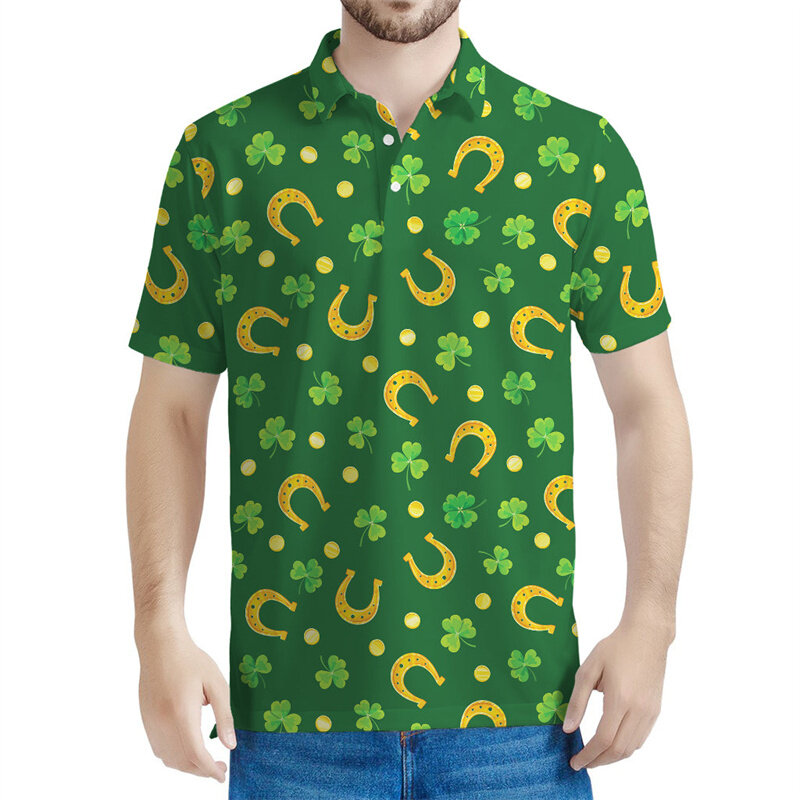 남성용 성 패트릭의 날 폴로 셔츠, 3D 프린트 클로버 티셔츠, 오버사이즈 티셔츠 상의, 캐주얼 라펠 반팔, 여름