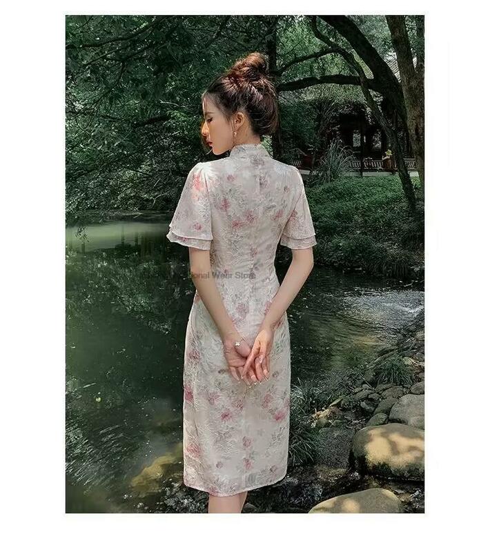 Gaun Cheongsam wanita gaya Cina baru gaun Oriental wanita muda musim semi musim panas mode ditingkatkan renda gaun Qipao