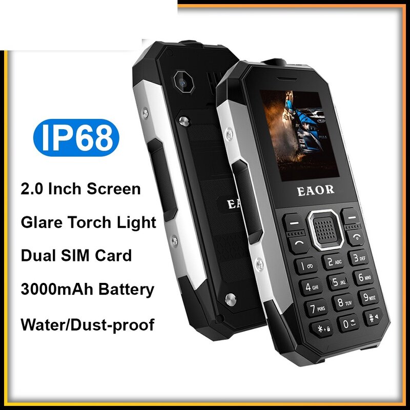 Teléfono resistente IP68 a prueba de agua, teclado a prueba de polvo, Doble SIM, Batería grande de 3000mAh, botón pulsador, función de teléfono con linterna