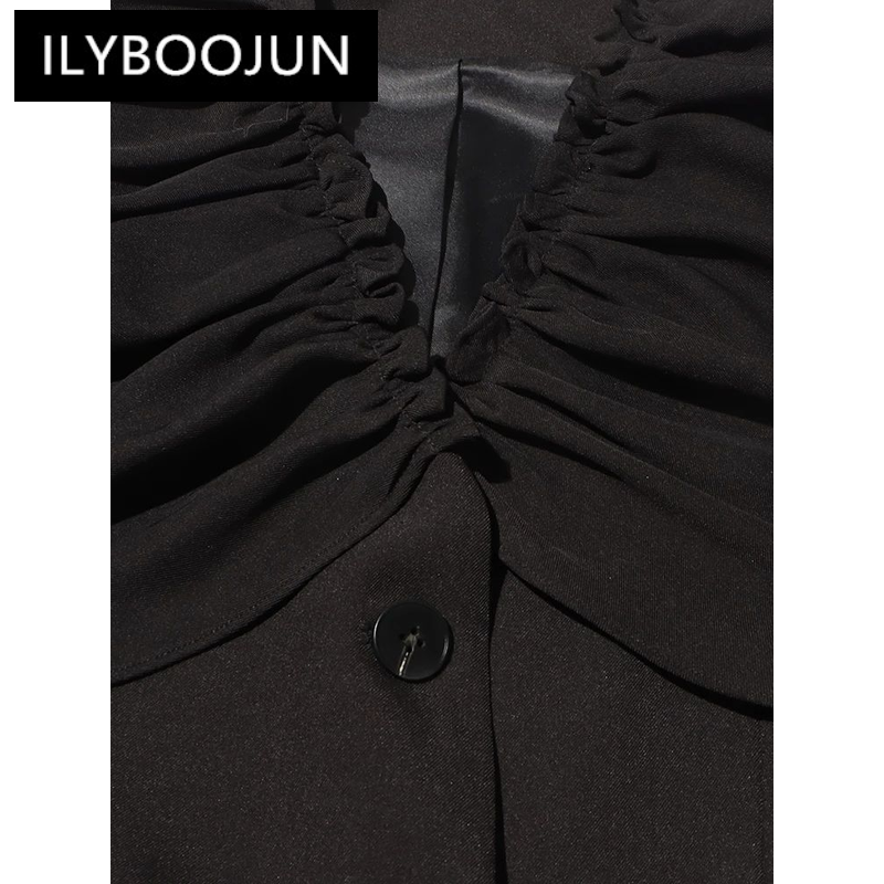 ILYBOOJUN-Blazer con pliegues de retazos para mujer, chaqueta de manga larga con cuello en V empalmado, de un solo pecho, elegante, a la moda, novedad