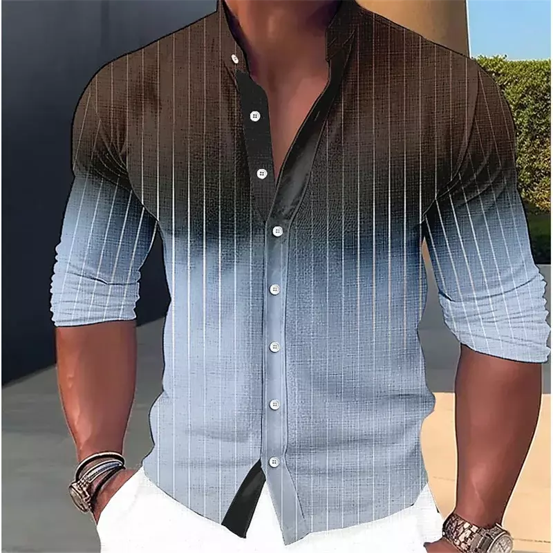 2023 Men's Retro Muscle Sports Room Comfortable Breathable Stitching Gradient Collar Outdoor Street Long Sleeve Shirt S---6XL
