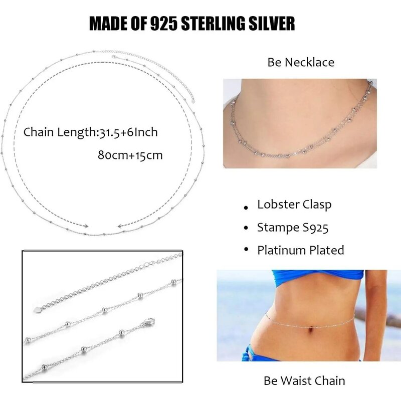 Fansilver 925 Sterling Silver Beach Body Waist Chain Minimalist Beach Body Belt Chain Beaded Belly Chain for Women Body Jewelry