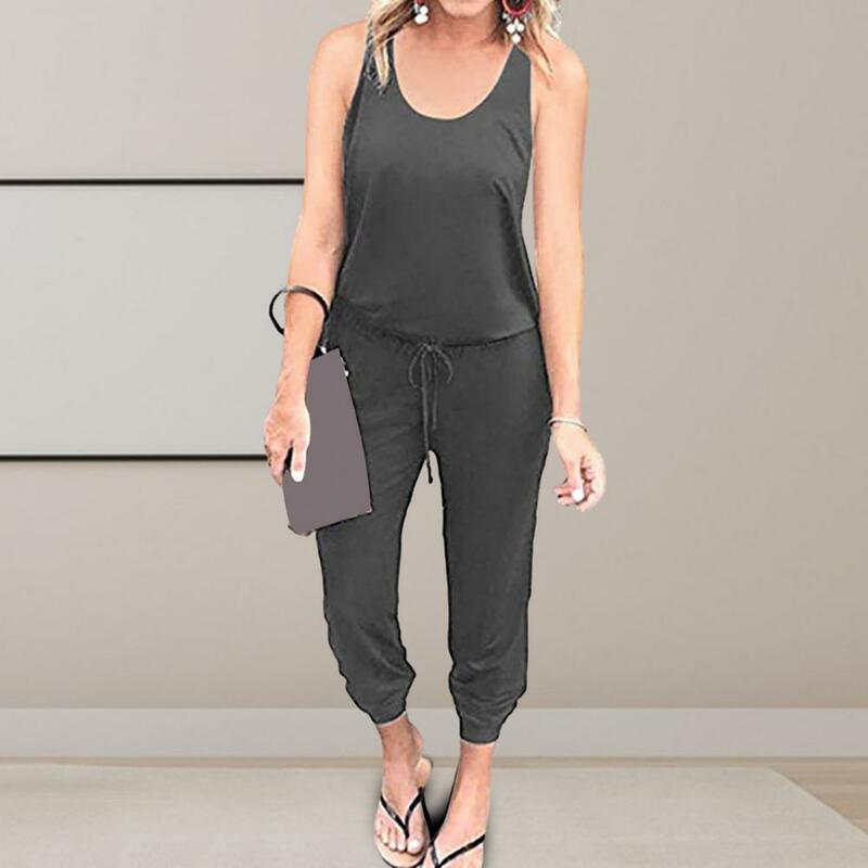 Women Jumpsuit Stylish Women's Summer Jumpsuit O Neck Sleeveless Elastic Waist Ankle Length for Casual Daily Wear