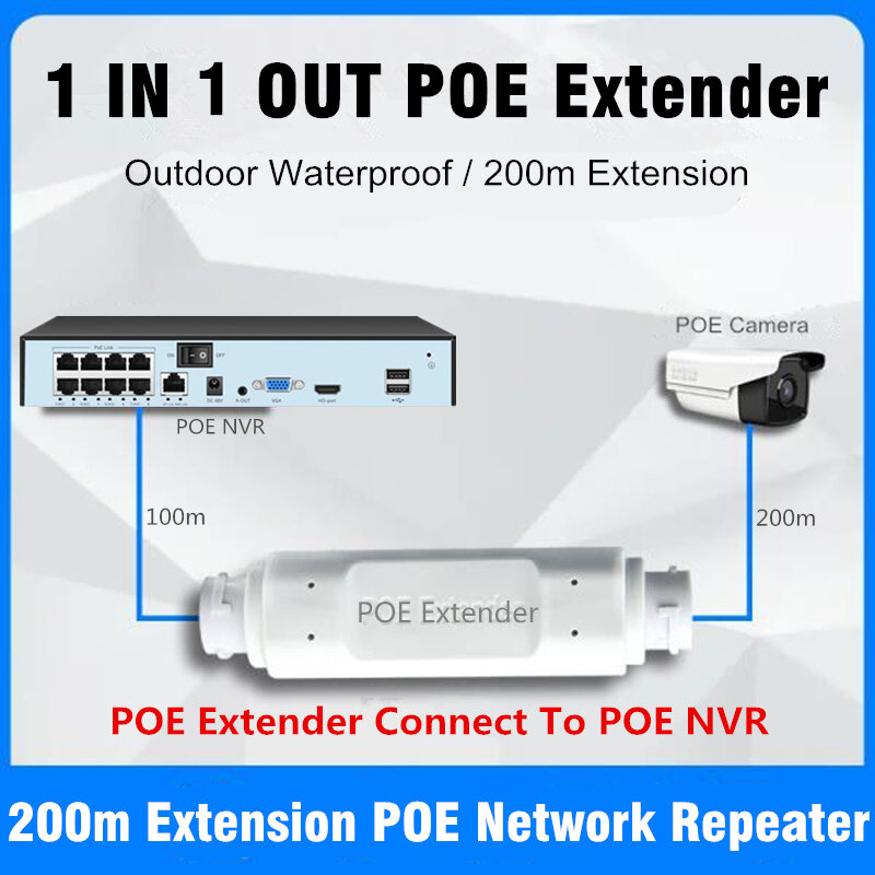 Extensor/Repetidor POE impermeable para exteriores, adaptador de inyector POE de extensión de 200 metros, IEEE802.3at/af