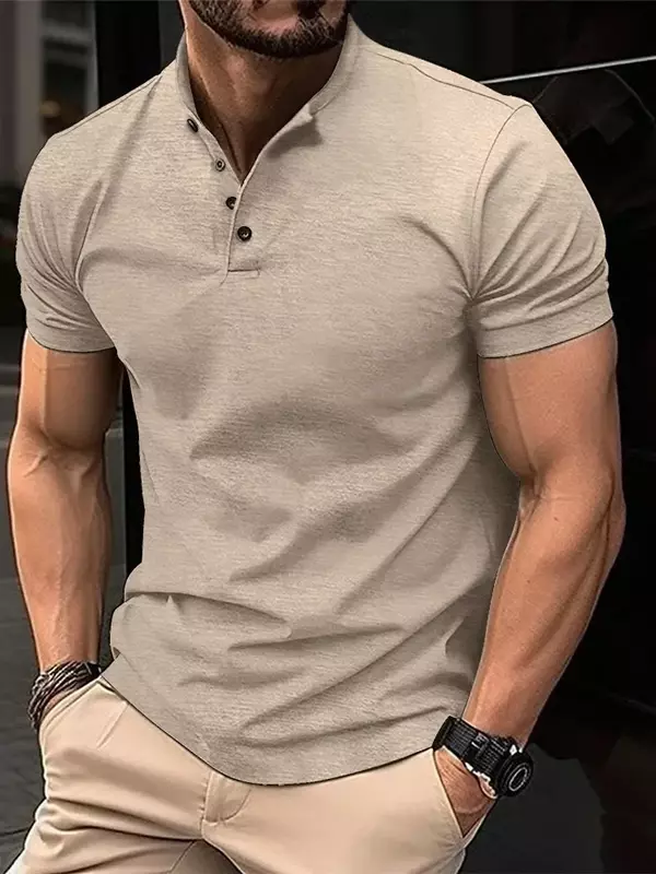 Solid Stand Collar Short Sleeve Men's Shirts Fashion Handsome Business Shirt Men Clothing Summer Casual Button Fit Gym Male