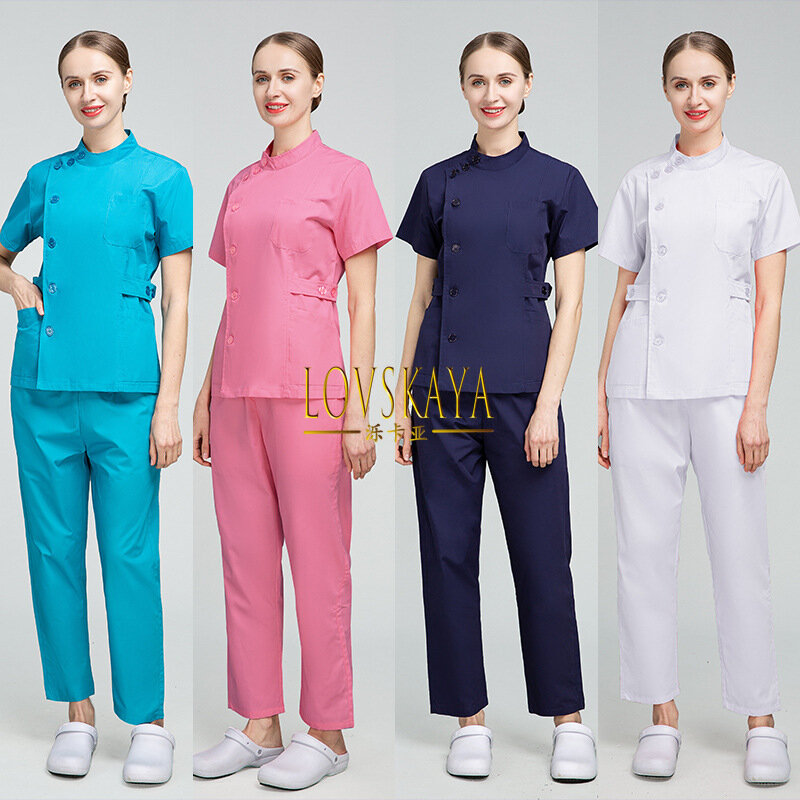 女性用半袖フィットセット,韓国語版,看護ユニフォーム,大きなボタン,歯科病院作業服