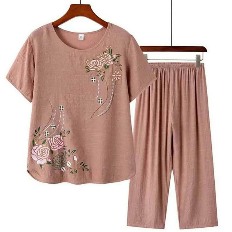 Loungewear Home Outfit Middle-aged and elderly women's short-sleeved t-shirt mother suit loose cotton linen two-piece suit