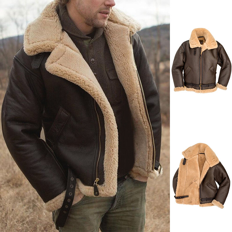Manteau épais en polaire et fourrure pour homme, vêtement d'extérieur en cuir, coupe-vent, à la mode, col rabattu, collection hiver 2022