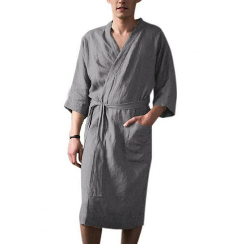 Plus Size Men Nightgown Bath Robe Water Absorption Lace Up Cardigan Pockets Loose Men Bathrobe Nightgown