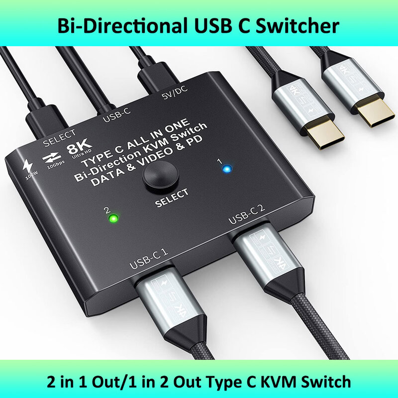 Interruptor bidireccional para Monitor de ordenador, conmutador de vídeo y datos, 8K, USB C, 1x2/2x1, USB 3,1, PD, 100W, divisor, fuente múltiple KVM