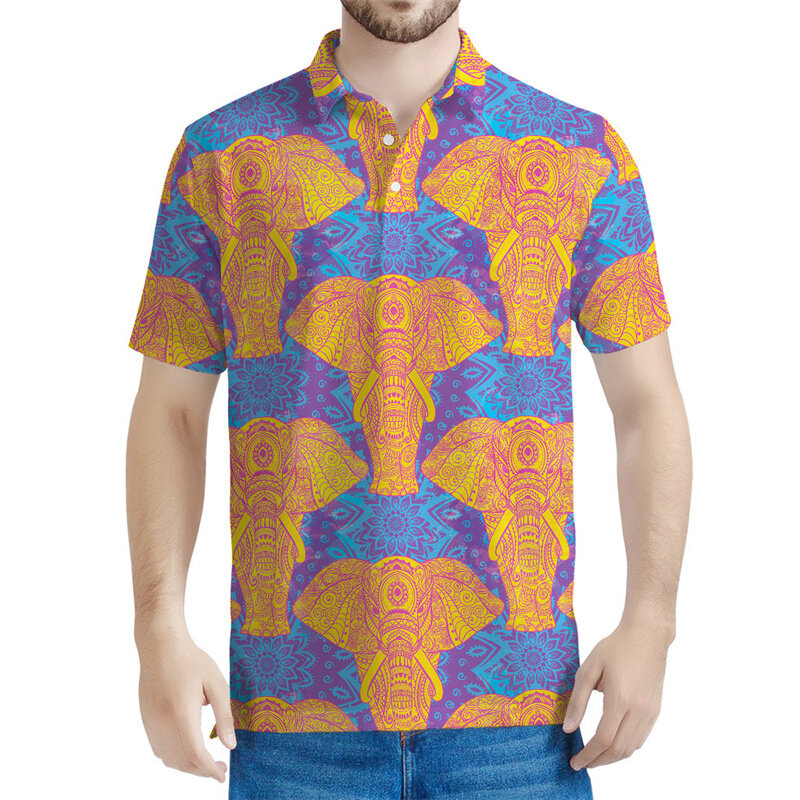 Polo graphique éléphant tribal coloré pour hommes, impression 3D, t-shirt animal, t-shirt à boutons, revers de rue, manches courtes, mode