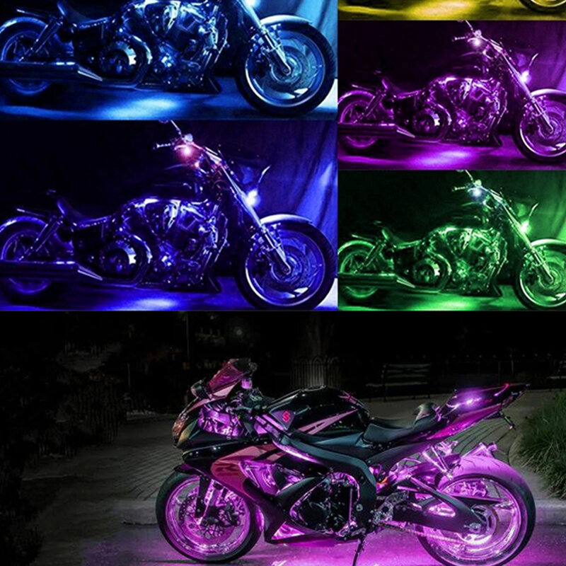 Feux de pied de voiture de moto LED RVB, télécommande, flexible, étanche, contrôle du son, bande de lampe décorative de moto, escales, 12V