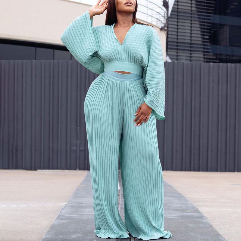 Causal Pleated 2 Piece Sets Women Fashion Solid Ruched Two Piece Outfit V Neck Flare Sleeve Tops Wide Leg Pants Suit Women Set
