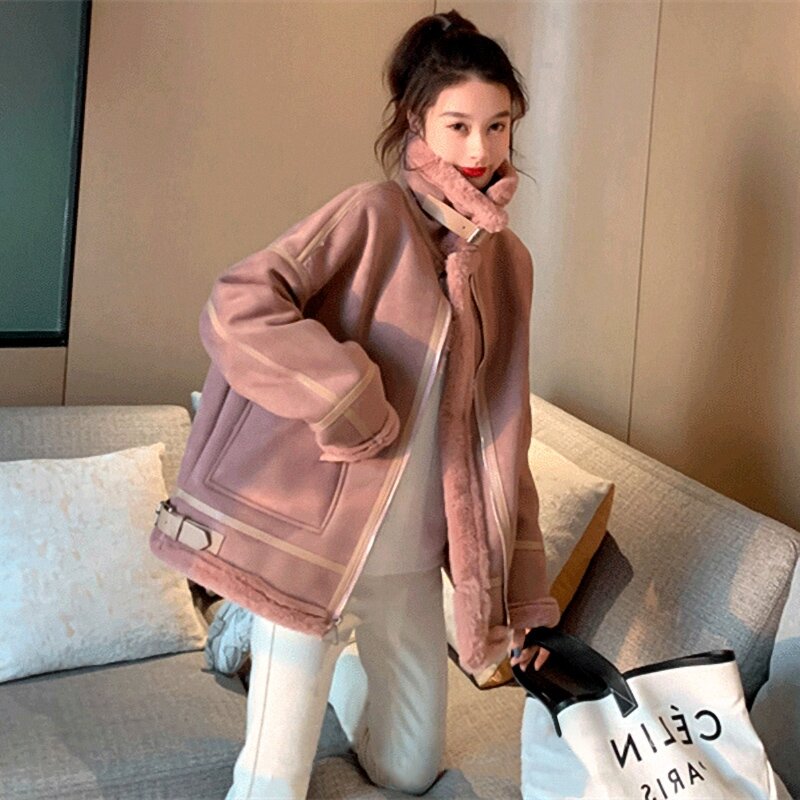Jaqueta feminina de lã de cordeiro, casaco de pele feminina, jaqueta de couro grosso quente coreano, Novo, 2023