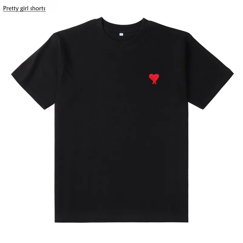 2024 New Women Red Heart Embroidery Short Sleeved Base T-shirt Cotton Neck Fitting Men Women T-shirt Couple Straight T-shirt