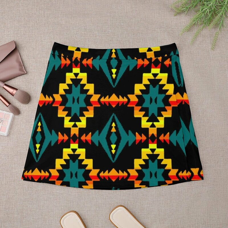Mini-saia de estampado nativo geométrico e teal feminino, roupa coreana, moda clube noturno, V1