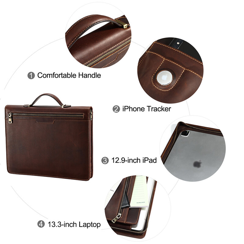 JOGUJOS tas dokumen bisnis multifungsi, tas kantor portabel kulit asli pria 13.3 "Laptop untuk pelacak AirTag